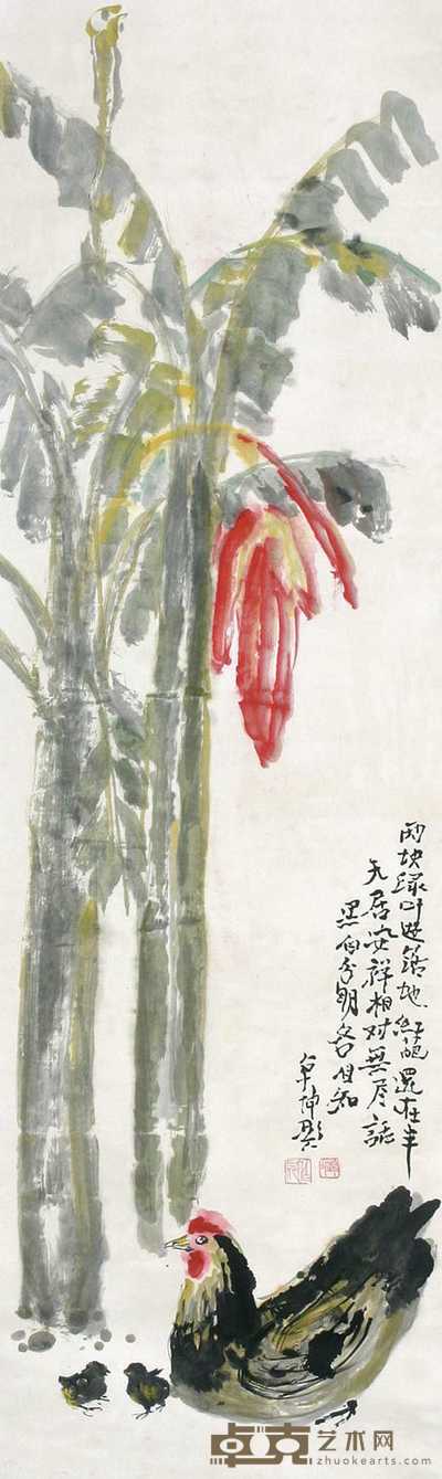 陈卓坤 芭蕉鸡 立轴 160×48cm